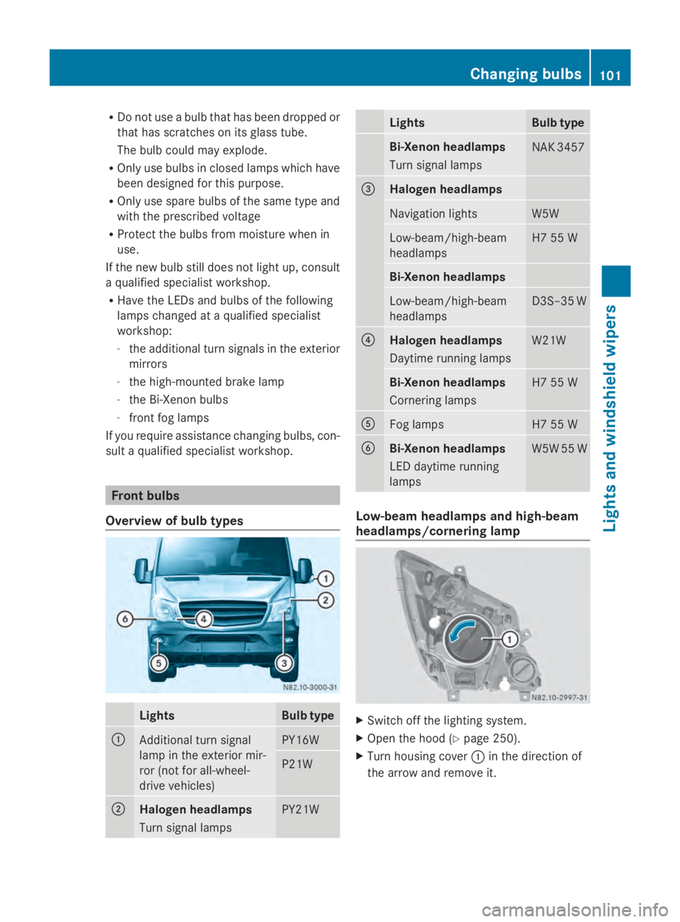 MERCEDES-BENZ SPRINTER 2014 MY14 Operator’s Manual R
Do not use a bulb that has been dropped or
that has scratches on its glass tube.
The bulb could may explode.
R Only use bulbs in closed lamps which have
been designed for this purpose.
R Only use sp MERCEDES-BENZ SPRINTER 2014 MY14 Operator’s Manual R
Do not use a bulb that has been dropped or
that has scratches on its glass tube.
The bulb could may explode.
R Only use bulbs in closed lamps which have
been designed for this purpose.
R Only use sp