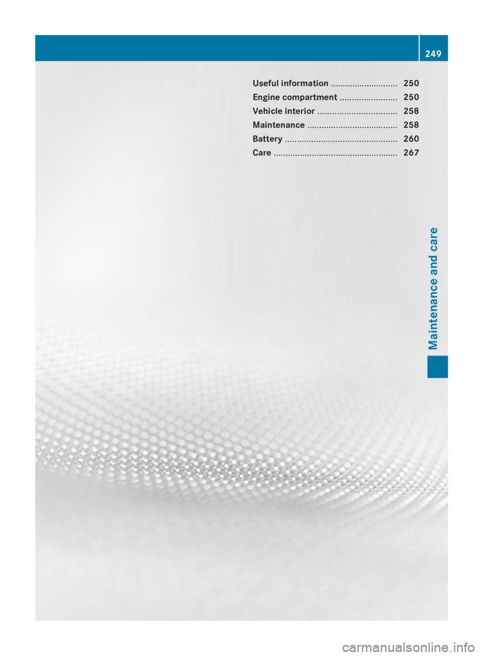 MERCEDES-BENZ SPRINTER 2014 MY14 Operator’s Manual Useful information
............................250
Engine compartment ........................250
Vehicle interior ................................. 258
Maintenance ................................... MERCEDES-BENZ SPRINTER 2014 MY14 Operator’s Manual Useful information
............................250
Engine compartment ........................250
Vehicle interior ................................. 258
Maintenance ...................................