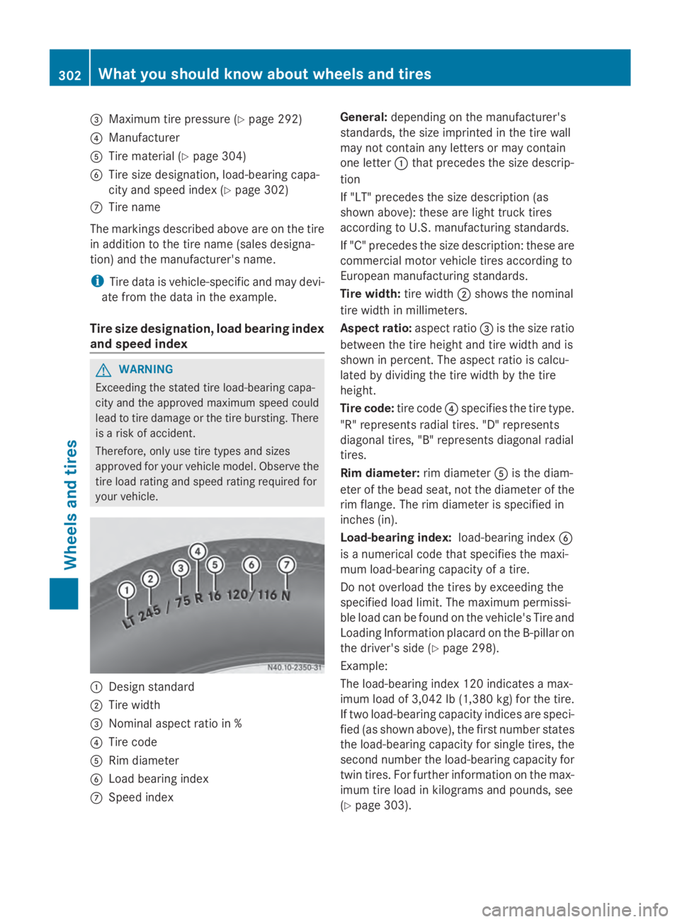 MERCEDES-BENZ SPRINTER 2014 MY14 Operator’s Manual 0087
Maximum tire pressure (Y page 292)
0085 Manufacturer
0083 Tire material (Y page 304)
0084 Tire size designation, load-bearing capa-
city and speed index (Y page 302)
006B Tire name
The markings d MERCEDES-BENZ SPRINTER 2014 MY14 Operator’s Manual 0087
Maximum tire pressure (Y page 292)
0085 Manufacturer
0083 Tire material (Y page 304)
0084 Tire size designation, load-bearing capa-
city and speed index (Y page 302)
006B Tire name
The markings d