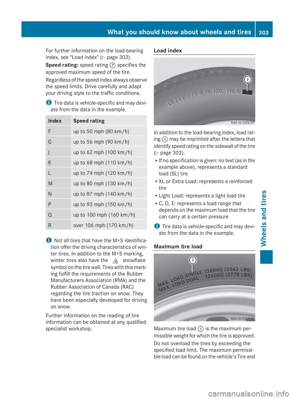 MERCEDES-BENZ SPRINTER 2014 MY14 Operator’s Manual For further information on the load-bearing
index, see "Load index" (Y page 303).
Speed rating: speed rating006Bspecifies the
approved maximum speed of the tire.
Regardless of the speed index MERCEDES-BENZ SPRINTER 2014 MY14 Operator’s Manual For further information on the load-bearing
index, see "Load index" (Y page 303).
Speed rating: speed rating006Bspecifies the
approved maximum speed of the tire.
Regardless of the speed index