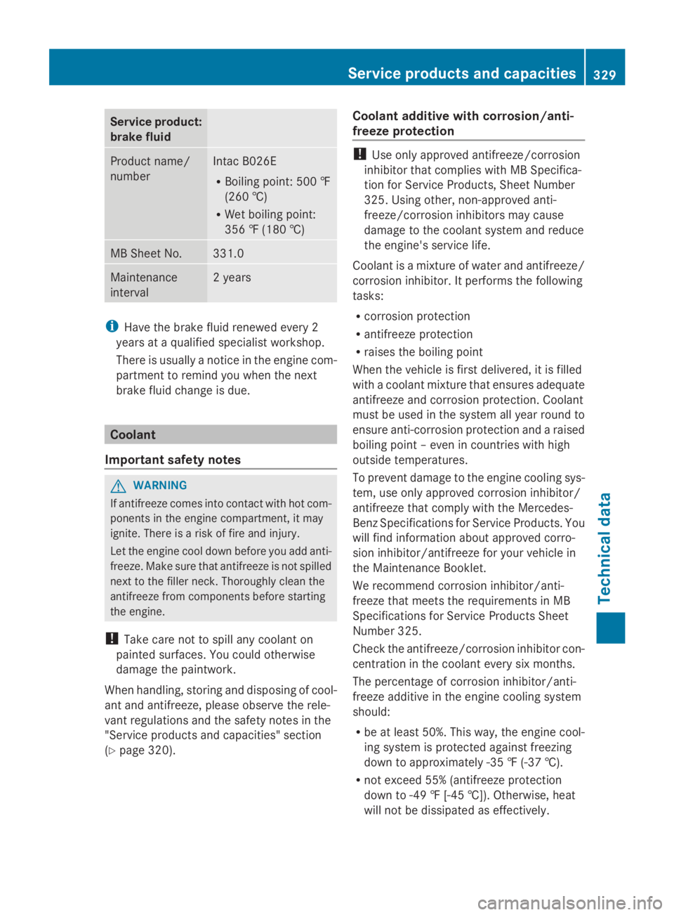 MERCEDES-BENZ SPRINTER 2014 MY14 Operator’s Manual Service product:
brake fluid
Product name/
number Intac B026E
R Boiling point: 500 ‡
(260 †)
R Wet boiling point:
356 ‡ (180 †) MB Sheet No. 331.0
Maintenance
interval 2 years
i
Have the brake MERCEDES-BENZ SPRINTER 2014 MY14 Operator’s Manual Service product:
brake fluid
Product name/
number Intac B026E
R Boiling point: 500 ‡
(260 †)
R Wet boiling point:
356 ‡ (180 †) MB Sheet No. 331.0
Maintenance
interval 2 years
i
Have the brake