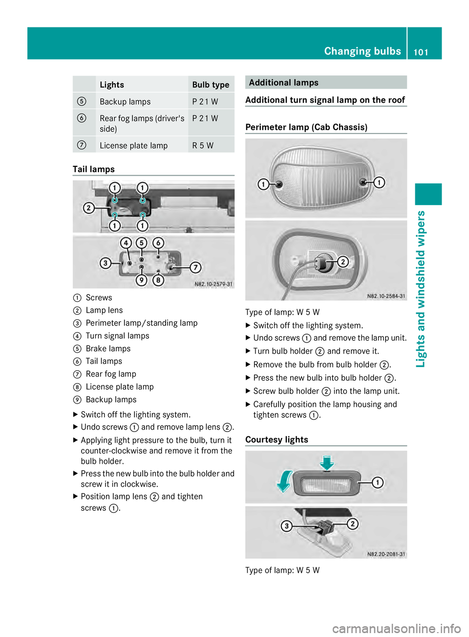 MERCEDES-BENZ SPRINTER 2013  MY13 Operator’s Manual Lights Bulb type
0023
Backup lamps P 21 W
0024
Rear fog lamps (driver's
side) P 21 W
0018
License plate lamp R 5 W
Tail lamps
0005
Screws
0006 Lamp lens
0026 Perimete rlamp/standing lamp
0025 Turn