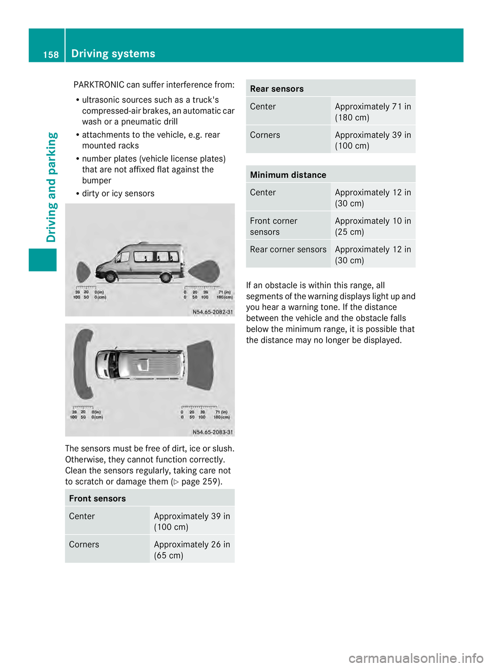 MERCEDES-BENZ SPRINTER 2013 MY13 Operator’s Manual PARKTRONIC can suffer interferenc
efrom:
R ultrasonic sources such as atruck's
compressed-ai rbrakes, an automatic car
wash or a pneumatic drill
R attachments to the vehicle, e.g. rear
mounted rac MERCEDES-BENZ SPRINTER 2013 MY13 Operator’s Manual PARKTRONIC can suffer interferenc
efrom:
R ultrasonic sources such as atruck's
compressed-ai rbrakes, an automatic car
wash or a pneumatic drill
R attachments to the vehicle, e.g. rear
mounted rac