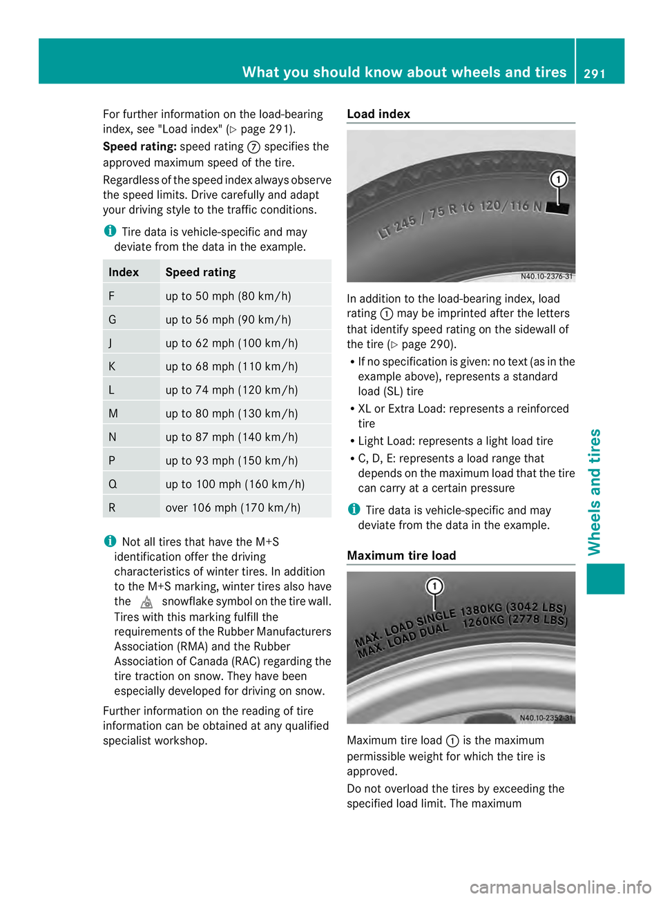 MERCEDES-BENZ SPRINTER 2013  MY13 Operator’s Manual For further information on the load-bearing
index, see "Load index" (Y
page 291).
Speed rating: speed rating0018specifies the
approved maximum speed of the tire.
Regardless of the speed inde x