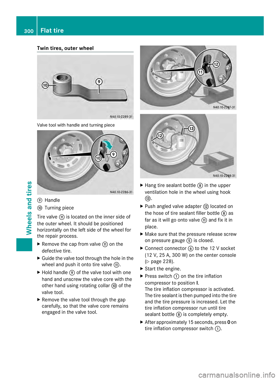 MERCEDES-BENZ SPRINTER 2013 MY13 Operator’s Manual Twin tires, outer wheel
Valve tool with handle and turning piece
001A
Handle
001B Turning piece
Tire valve 001Cis located on the inne rside of
the outer wheel. It should be positioned
horizontally on MERCEDES-BENZ SPRINTER 2013 MY13 Operator’s Manual Twin tires, outer wheel
Valve tool with handle and turning piece
001A
Handle
001B Turning piece
Tire valve 001Cis located on the inne rside of
the outer wheel. It should be positioned
horizontally on