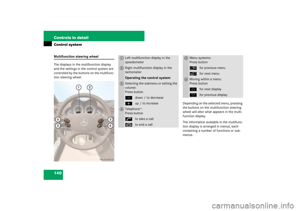 MERCEDES-BENZ SL600 2007 R230 Owners Manual 140 Controls in detailControl systemMultifunction steering wheel
The displays in the multifunction display 
and the settings in the control system are 
controlled by the buttons on the multifunc-
tion
