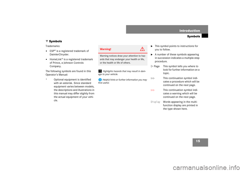 MERCEDES-BENZ SL600 2007 R230 User Guide 15 Introduction
Symbols
Symbols
Trademarks:
ESP
® is a registered trademark of 
DaimlerChrysler.

HomeLink
® is a registered trademark 
of Prince, a Johnson Controls 
Company.
The following symbo