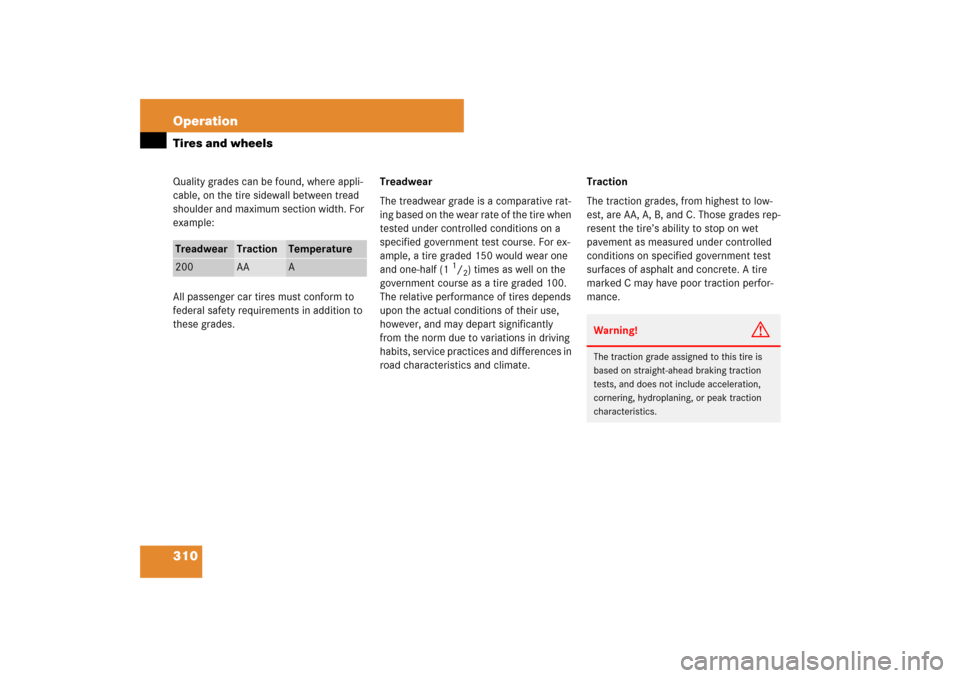 MERCEDES-BENZ SL550 2007 R230 Owners Manual 310 OperationTires and wheelsQuality grades can be found, where appli-
cable, on the tire sidewall between tread 
shoulder and maximum section width. For 
example:
All passenger car tires must conform