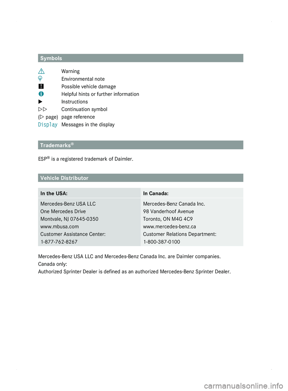 MERCEDES-BENZ SPRINTER 2012  MY12 Operator’s Manual  
Symbols
003F Warning
0040 Environmental note
! Possible vehicle damage
0055 Helpful hints or further information
X Instructions
YY Continuation symbol
(Y page) page reference
Display Messages in the