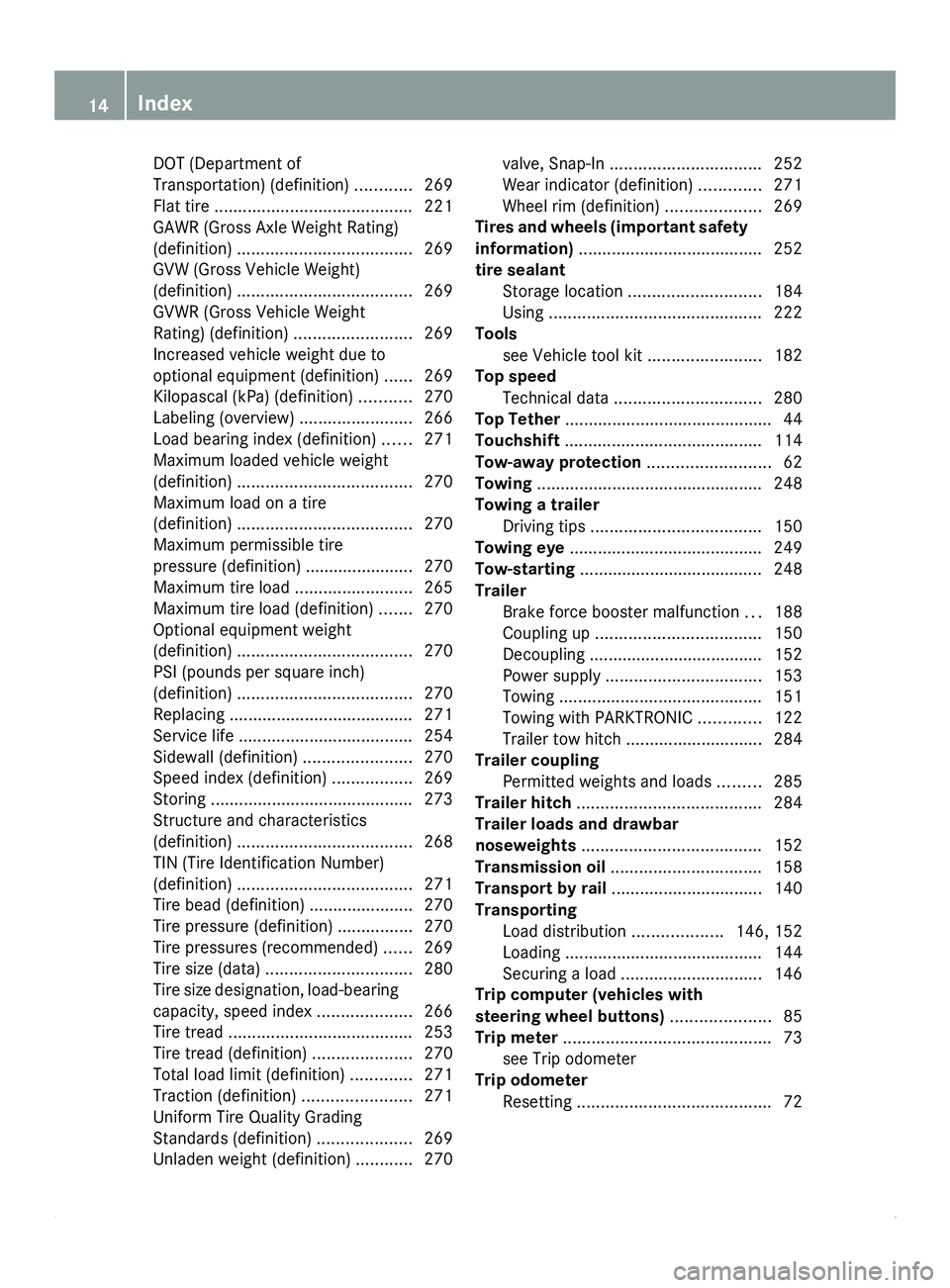 MERCEDES-BENZ SPRINTER 2012  MY12 Operator’s Manual DOT (Department of
Transportation) (definition) ............
269
Flat tire .......................................... 221
GAWR (Gross  Axle 
Weight Rating)
(definition) ...............................