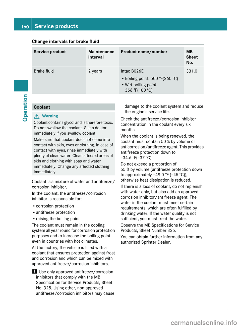 MERCEDES-BENZ SPRINTER 2011 MY11 Operator’s Manual Change intervals for brake fluid
Service product Maintenance
interval Product name/number MB
Sheet
No.
Brake fluid 2 years Intac B026E
R
Boiling point: 500 ‡(260 †)
R Wet boiling point:
356 ‡ (1 MERCEDES-BENZ SPRINTER 2011 MY11 Operator’s Manual Change intervals for brake fluid
Service product Maintenance
interval Product name/number MB
Sheet
No.
Brake fluid 2 years Intac B026E
R
Boiling point: 500 ‡(260 †)
R Wet boiling point:
356 ‡ (1
