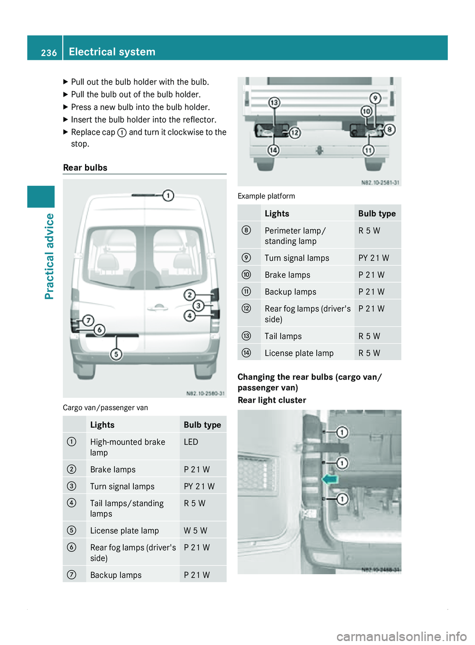 MERCEDES-BENZ SPRINTER 2011 MY11 Operator’s Manual X
Pull out the bulb holder with the bulb.
X Pull the bulb out of the bulb holder.
X Press a new bulb into the bulb holder.
X Insert the bulb holder into the reflector.
X Replace cap 0046 and turn it MERCEDES-BENZ SPRINTER 2011 MY11 Operator’s Manual X
Pull out the bulb holder with the bulb.
X Pull the bulb out of the bulb holder.
X Press a new bulb into the bulb holder.
X Insert the bulb holder into the reflector.
X Replace cap 0046 and turn it