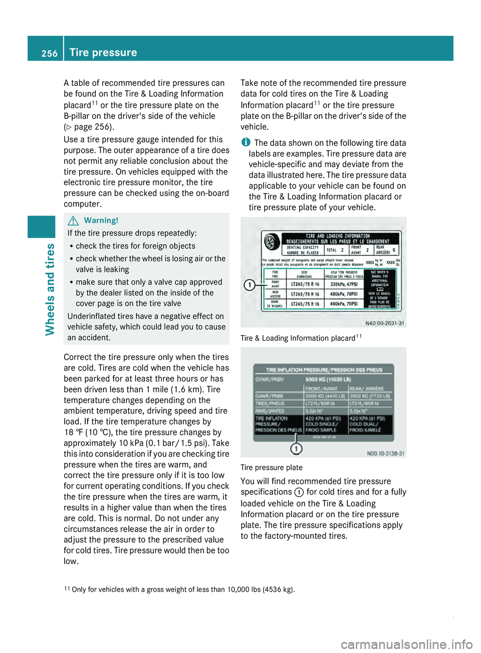 MERCEDES-BENZ SPRINTER 2011 MY11 Operator’s Manual A table of recommended tire pressures can
be found on the Tire & Loading Information
placard
11
or the tire pressure plate on the
B-pillar on the driver's side of the vehicle
(Y page 256).
Use a MERCEDES-BENZ SPRINTER 2011 MY11 Operator’s Manual A table of recommended tire pressures can
be found on the Tire & Loading Information
placard
11
or the tire pressure plate on the
B-pillar on the driver's side of the vehicle
(Y page 256).
Use a