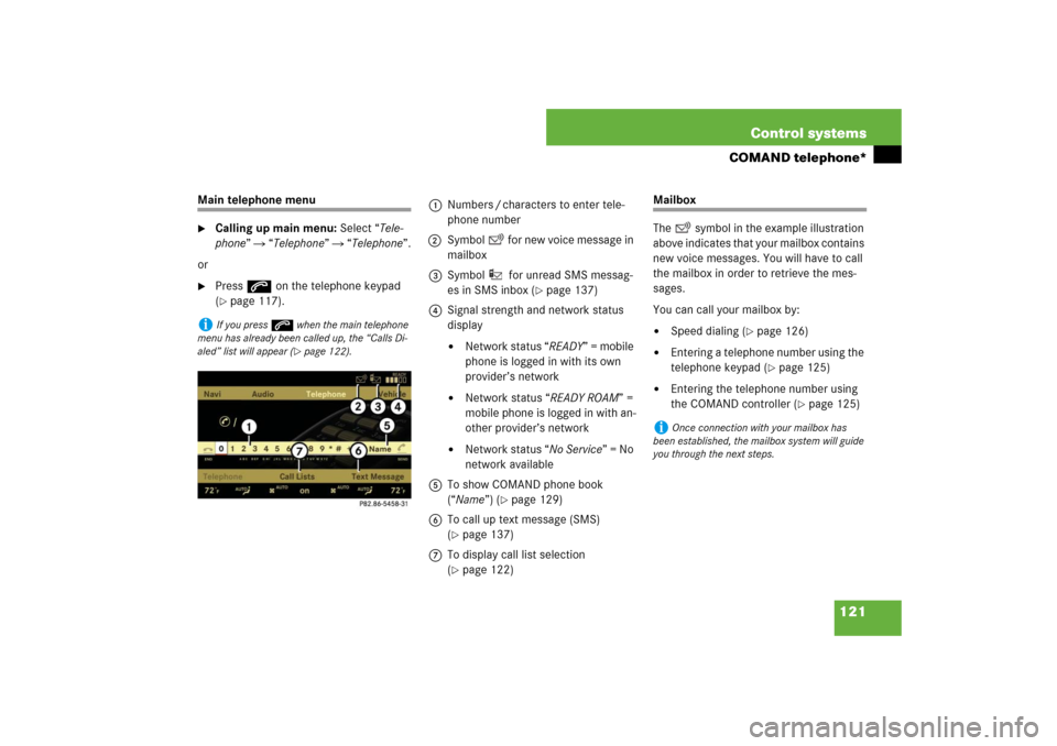 MERCEDES-BENZ S550 2007 W221 Owners Guide 121 Control systems
COMAND telephone*
Main telephone menu
Calling up main menu: Select “Tele-
phone”  “Telephone”  “Telephone”.
or

Press s on the telephone keypad 
(page 117).
Mailbo