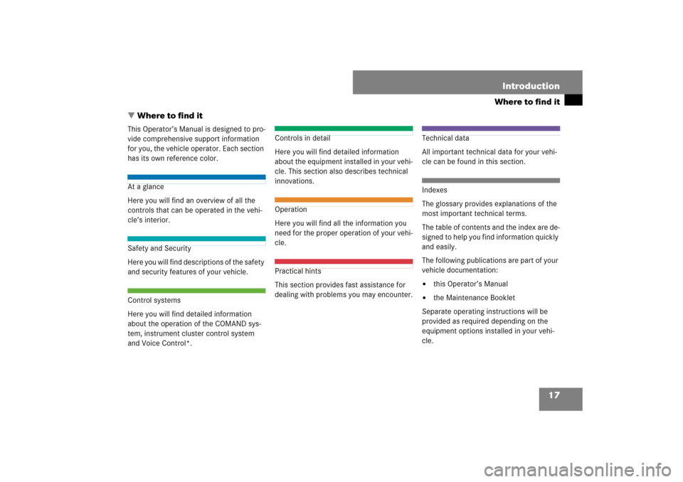 MERCEDES-BENZ S550 2007 W221 User Guide 17 Introduction
Where to find it
Where to find it
This Operator’s Manual is designed to pro-
vide comprehensive support information 
for you, the vehicle operator. Each section 
has its own referen