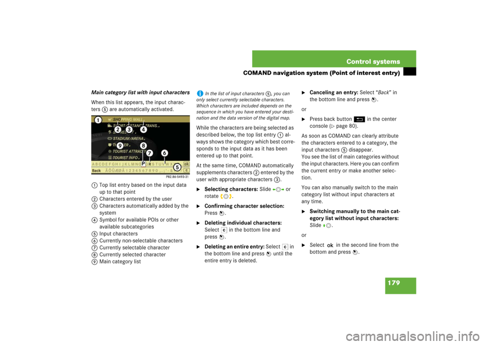 MERCEDES-BENZ S550 2007 W221 Workshop Manual 179 Control systems
COMAND navigation system (Point of interest entry)
Main category list with input characters
When this list appears, the input charac-
ters 5 are automatically activated.
1Top list 