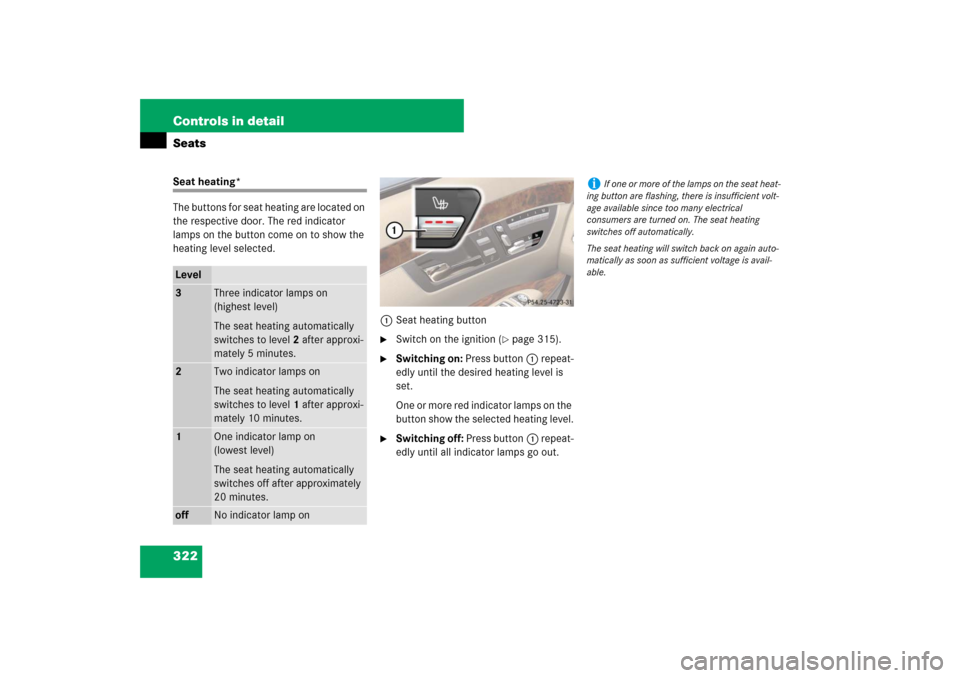 MERCEDES-BENZ S550 2007 W221 Owners Manual 322 Controls in detailSeatsSeat heating*
The buttons for seat heating are located on 
the respective door. The red indicator 
lamps on the button come on to show the 
heating level selected.
1Seat hea