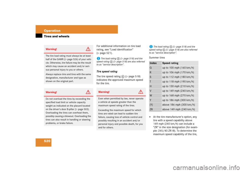MERCEDES-BENZ S550 2007 W221 Owners Manual 520 OperationTires and wheels
For additional information on tire load 
rating, see “Load identification” 
(page 521).
Tire speed rating
The tire speed rating6 (
page 518) 
indicates the approved
