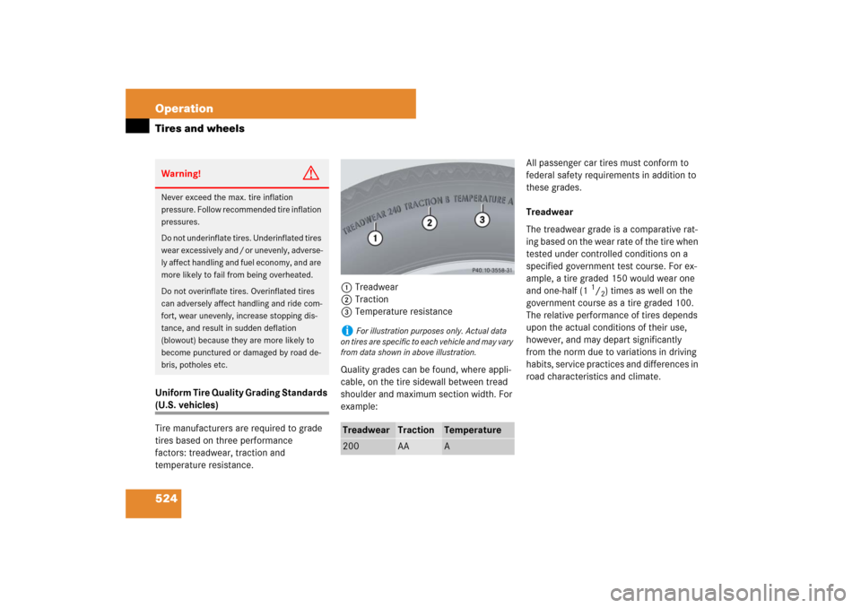 MERCEDES-BENZ S550 2007 W221 User Guide 524 OperationTires and wheelsUniform Tire Quality Grading Standards (U.S. vehicles)
Tire manufacturers are required to grade 
tires based on three performance 
factors: treadwear, traction and 
temper