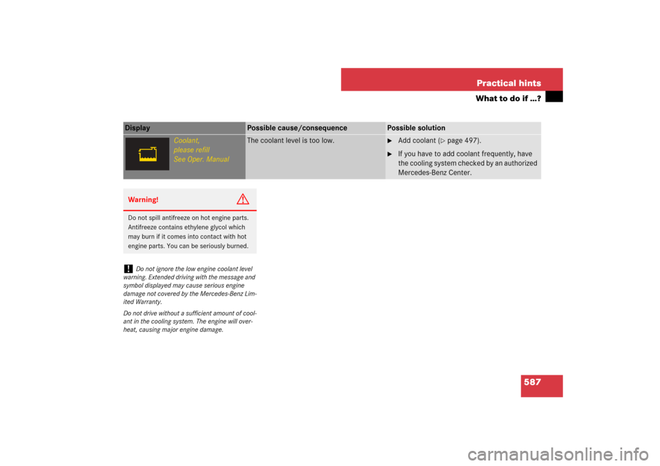 MERCEDES-BENZ S550 2007 W221 Owners Manual 587 Practical hints
What to do if …?
Display 
Possible cause/consequence
Possible solution
Coolant,
please refill
See Oper. Manual
The coolant level is too low.

Add coolant (
page 497).

If you 