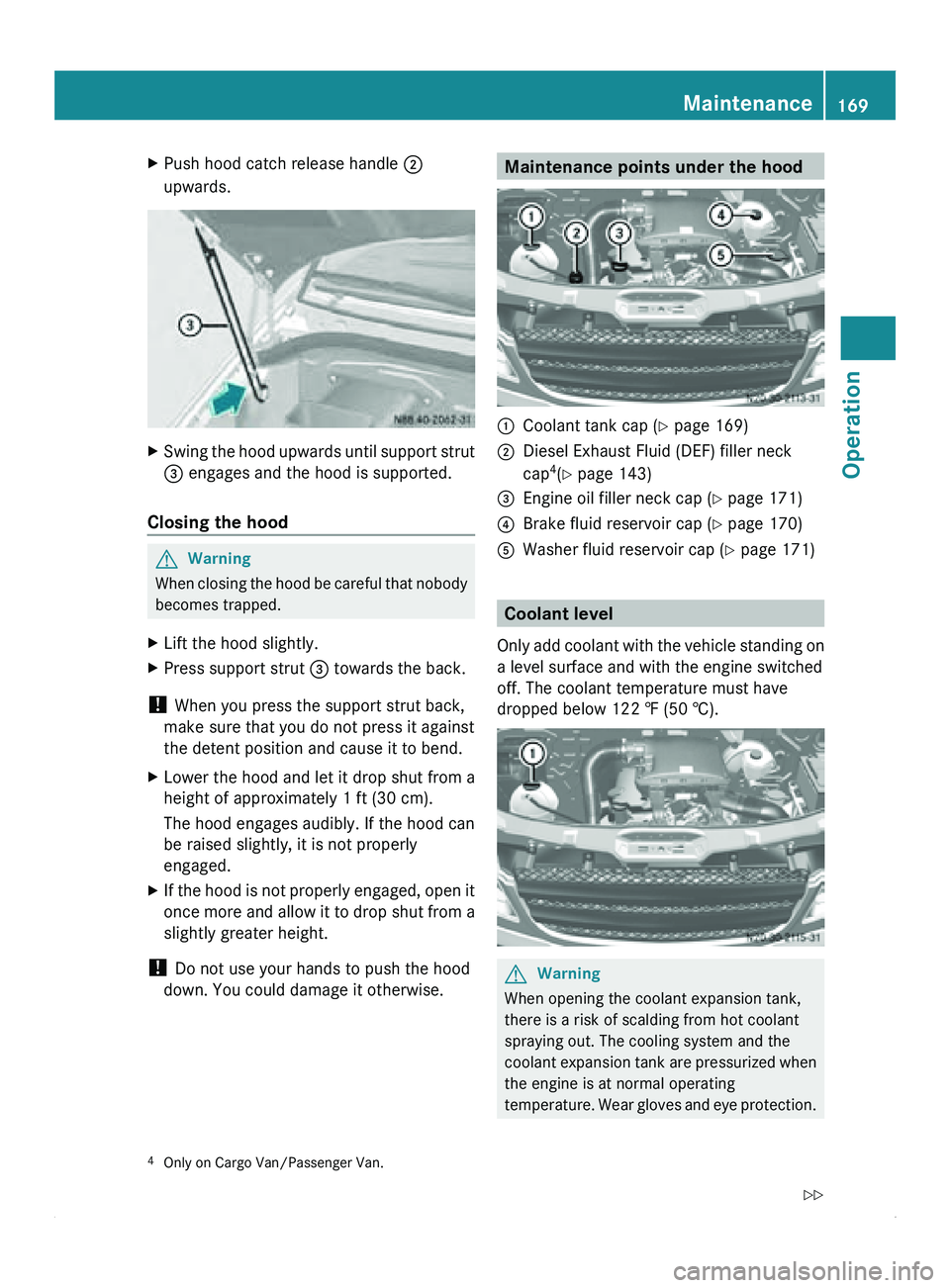 MERCEDES-BENZ SPRINTER 2010  MY10 Operator’s Manual X
Push hood catch release handle  0047
upwards. X
Swing the hood upwards until support strut
008A engages and the hood is supported.
Closing the hood G
Warning
When closing the hood be careful that no