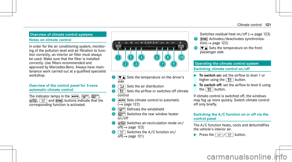 MERCEDES-BENZ A-CLASS SEDAN 2021  Owners Manual Ov
ervie wof climat econtr olsystems No
teson climat econtr ol In
order forth eair con ditionin gsy stem, monit or‐
ing ofthepollution leve land airfiltration tofunc‐
tion correctl y,an interior a