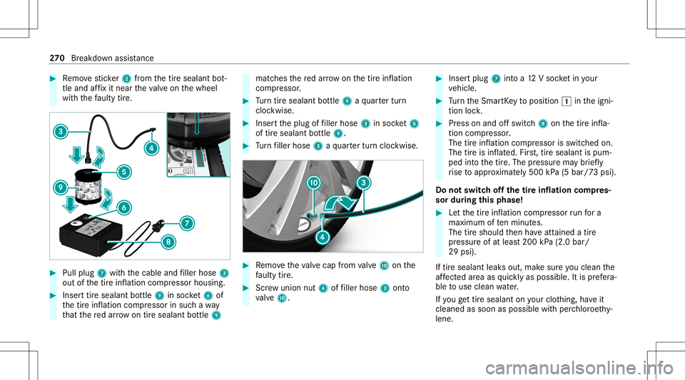 MERCEDES-BENZ A-CLASS SEDAN 2021  Owners Manual #
Remo vesticke r2 from thetir esealant bot‐
tle and affix it nea rth eva lve on thewheel
wit hth efa ulty tire. #
Pull plug 7withth ecable andfiller hose 3
out ofthetir einf lation compressor housi