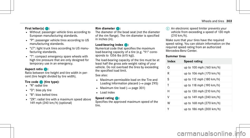 MERCEDES-BENZ A-CLASS SEDAN 2021  Owners Manual Fi
rs tle tter( s)1 1:
R Without :passeng ervehicle tires accor dingto
Eur opeanma nuf actu ring standar ds.
R "P": passe nger vehicle tires accor dingtoUS
manuf acturingstandar ds.
R "LT&