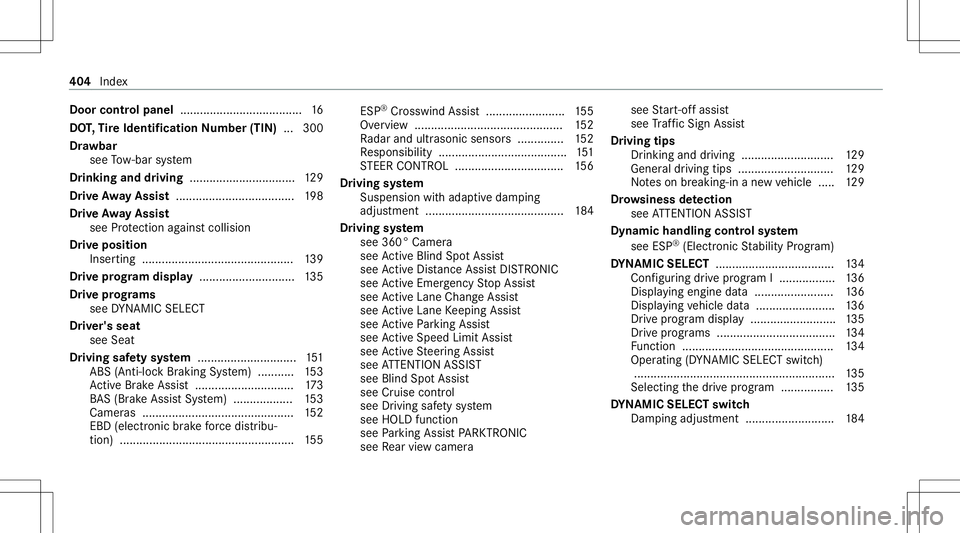 MERCEDES-BENZ A-CLASS SEDAN 2021 Owners Manual Door
controlpan el.....................................1 6
DO T,Tire Iden tificat ionNumbe r(TI N) ... 300
Dr aw bar
see Tow- bar system
Dr inking anddriving ................................ 129
Dr iv MERCEDES-BENZ A-CLASS SEDAN 2021 Owners Manual Door
controlpan el.....................................1 6
DO T,Tire Iden tificat ionNumbe r(TI N) ... 300
Dr aw bar
see Tow- bar system
Dr inking anddriving ................................ 129
Dr iv