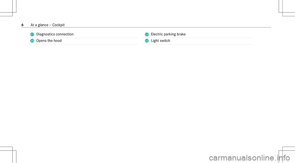 MERCEDES-BENZ E WAGON 2021  AMG Owners Manual R
Diagno stics con nection
S Open sth ehood T
Elect ric pa rking brak e
U Light switch 6
Ataglanc e– Coc kpit 