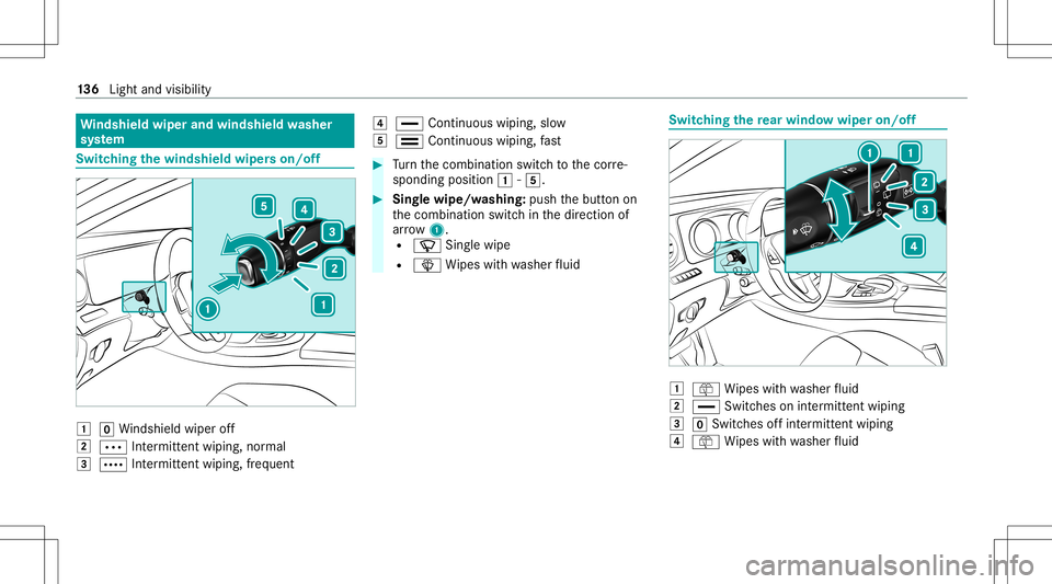MERCEDES-BENZ E WAGON 2021  Owners Manual Wi
ndshield wiperandwindshield washer
sy stem Switc
hingthewindsh ieldwiper son/of f 0047
005AWindsh ield wipe rof f
0048 0062 Intermitt entwiping, normal
0049 0063 Intermitt entwiping, frequent 004A

