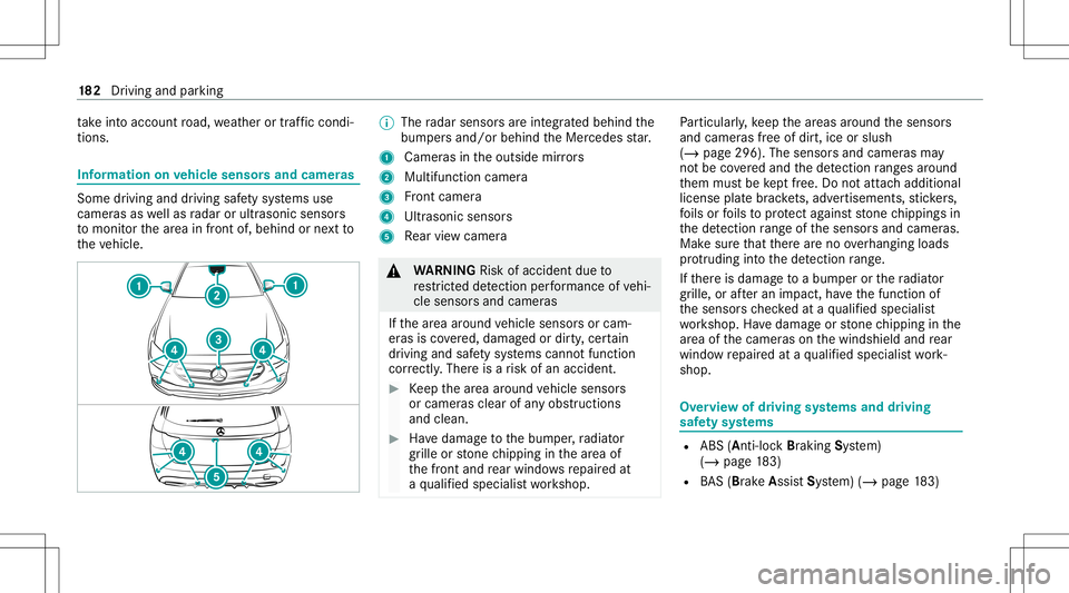 MERCEDES-BENZ E WAGON 2021 Owners Manual ta
ke intoacc ount road, weather ortraf fic condi ‐
tions . In
fo rm ation onvehicl esen sorsand camer as Some
driving anddriving safetysy stems use
camer asaswellas radar orultr asonic sensors
to m MERCEDES-BENZ E WAGON 2021 Owners Manual ta
ke intoacc ount road, weather ortraf fic condi ‐
tions . In
fo rm ation onvehicl esen sorsand camer as Some
driving anddriving safetysy stems use
camer asaswellas radar orultr asonic sensors
to m