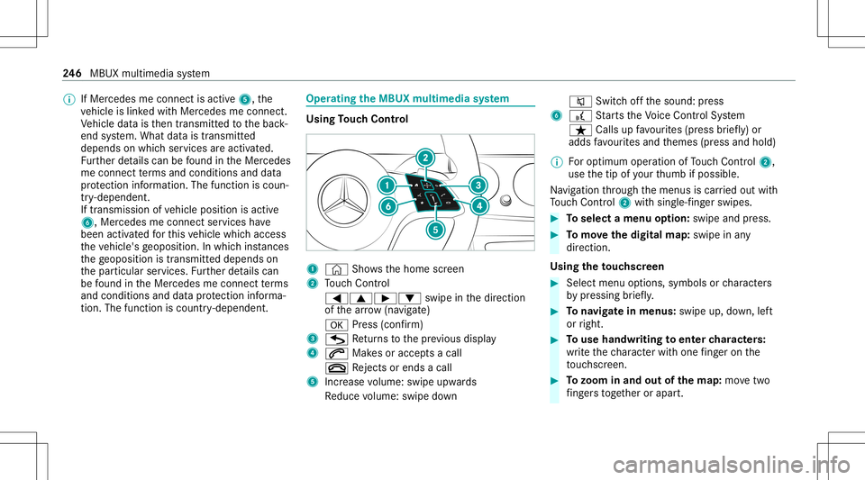MERCEDES-BENZ E WAGON 2021 Owners Manual %
IfMer cedes meconnect isactiv e5, the
ve hicle islink edwithMer cedes meconn ect.
Ve hicle datais then transmit tedto thebac k-
end system. What datais tra nsmit ted
depends onwhic hser vices areact MERCEDES-BENZ E WAGON 2021 Owners Manual %
IfMer cedes meconnect isactiv e5, the
ve hicle islink edwithMer cedes meconn ect.
Ve hicle datais then transmit tedto thebac k-
end system. What datais tra nsmit ted
depends onwhic hser vices areact