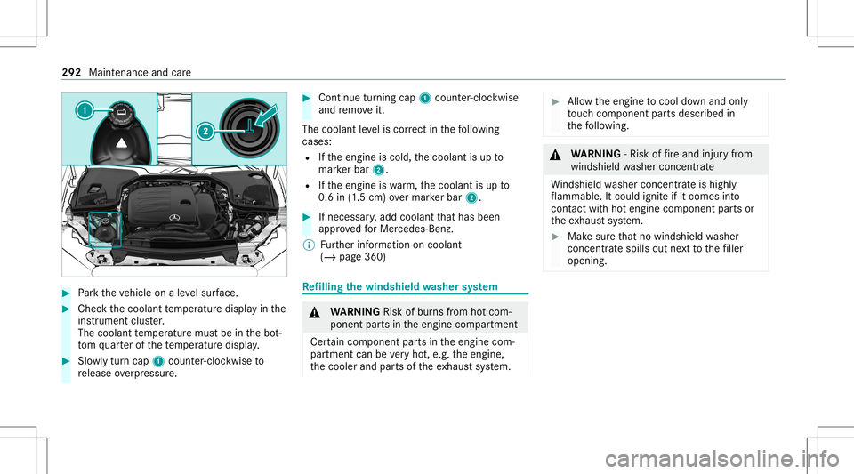 MERCEDES-BENZ E WAGON 2021 Owners Manual #
Park theve hicle onaleve lsur face. #
Checkth ecoolant temp eratur edispla yin the
ins trumen tclus ter.
The coolant temp eratur emus tbe inthebo t‐
to m quarterof thete mp eratur edispla y. #
Slo MERCEDES-BENZ E WAGON 2021 Owners Manual #
Park theve hicle onaleve lsur face. #
Checkth ecoolant temp eratur edispla yin the
ins trumen tclus ter.
The coolant temp eratur emus tbe inthebo t‐
to m quarterof thete mp eratur edispla y. #
Slo