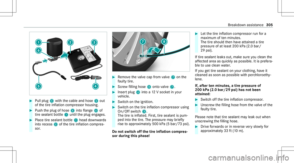 MERCEDES-BENZ E WAGON 2021 Owners Manual #
Pull plug 4withth ecable andhose 5out
of thetir einf lation compressor housing. #
Push theplug ofhose 5intoflang e6 of
tir esealan tbo ttle 1 untilth eplug engages. #
Place tiresealant bottle 1 head MERCEDES-BENZ E WAGON 2021 Owners Manual #
Pull plug 4withth ecable andhose 5out
of thetir einf lation compressor housing. #
Push theplug ofhose 5intoflang e6 of
tir esealan tbo ttle 1 untilth eplug engages. #
Place tiresealant bottle 1 head