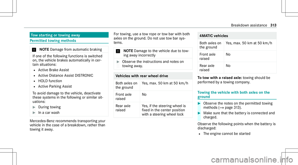 MERCEDES-BENZ E WAGON 2021  Owners Manual To
w star ting ortowing away Pe
rm itted towing methods *
NO
TEDama gefrom automatic braking If
one ofthefo llo wing functionsis switc hed
on, theve hicle brak es aut omatically incer‐
ta in situat 
