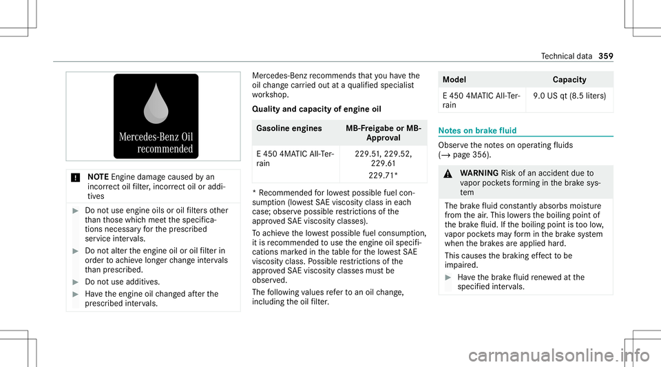 MERCEDES-BENZ E WAGON 2021 Owners Manual *
NO
TEEngi nedama gecau sed byan
inc orrect oil filt er ,inc orrect oil oraddi‐
tiv es #
Donotus eengi neoilsor oil filt er sot her
th an those whic hmee tth especif ica‐
tion sneces saryfo rth e MERCEDES-BENZ E WAGON 2021 Owners Manual *
NO
TEEngi nedama gecau sed byan
inc orrect oil filt er ,inc orrect oil oraddi‐
tiv es #
Donotus eengi neoilsor oil filt er sot her
th an those whic hmee tth especif ica‐
tion sneces saryfo rth e