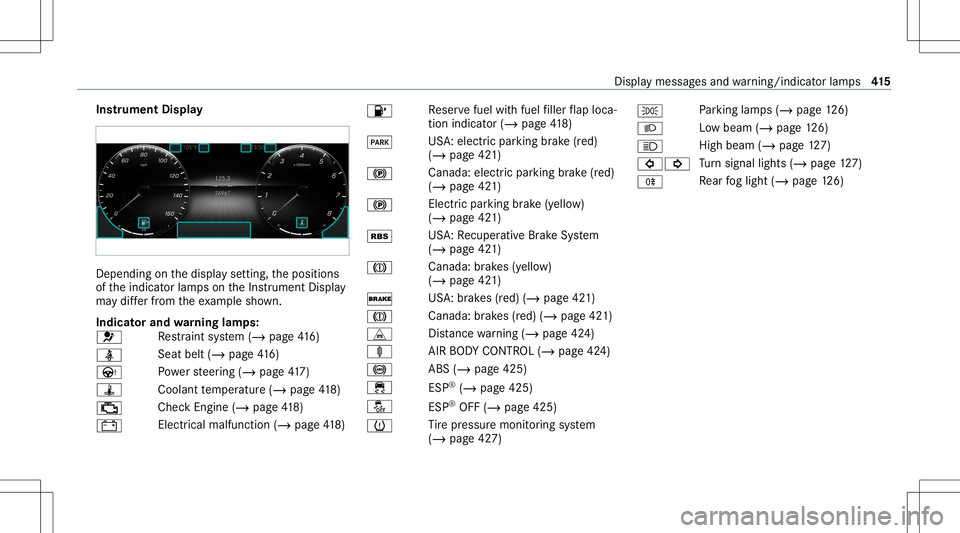 MERCEDES-BENZ E WAGON 2021  Owners Manual Ins
trum ent Disp lay De
pen dingon thedispla yse tting, theposition s
of theindicat orlam pson theIns trument Display
ma ydif ferfr om theex am ple shown.
Indi catorand warning lam ps:
0075 Re
stra i