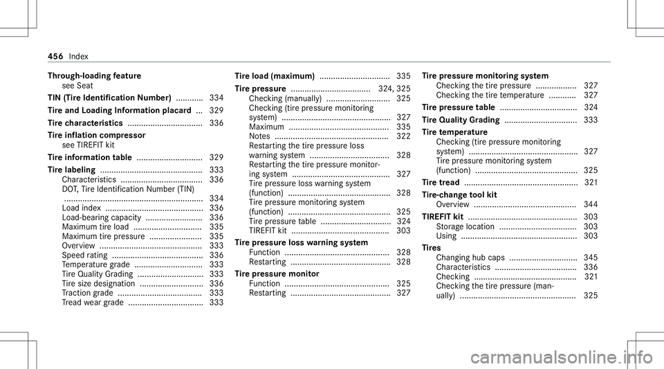 MERCEDES-BENZ E WAGON 2021 Owners Manual Thr
oug h-loadin gfe atur e
see Seat
TIN (TireIden tificati onNumbe r)........... .334
Ti re and Loading Information placard... 329
Ti re charact eristics ................................. 336
Ti re i MERCEDES-BENZ E WAGON 2021 Owners Manual Thr
oug h-loadin gfe atur e
see Seat
TIN (TireIden tificati onNumbe r)........... .334
Ti re and Loading Information placard... 329
Ti re charact eristics ................................. 336
Ti re i