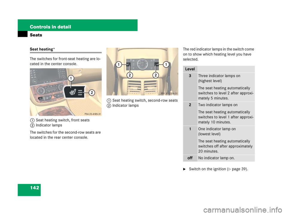 MERCEDES-BENZ R350 2007 R171 Owners Manual 142 Controls in detail
Seats
Seat heating*
The switches for front-seat heating are lo-
cated in the center console.
1Seat heating switch, front seats
2Indicator lamps
The switches for the second-row s