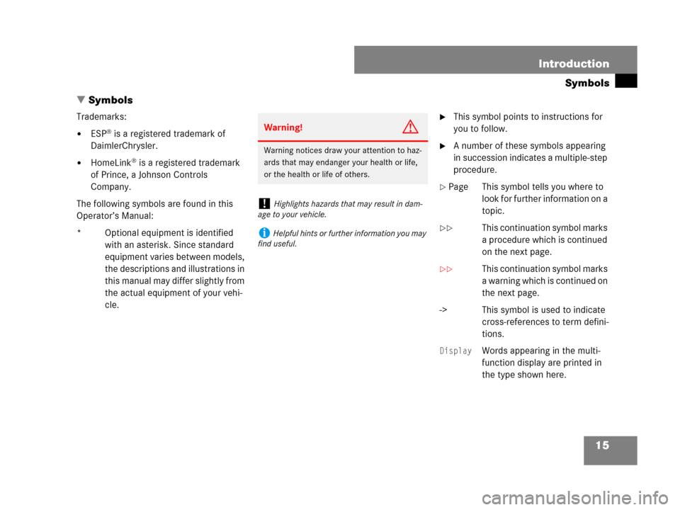 MERCEDES-BENZ R500 2007 R171 User Guide 15 Introduction
Symbols
Symbols
Trademarks:
ESP® is a registered trademark of 
DaimlerChrysler.
HomeLink® is a registered trademark 
of Prince, a Johnson Controls 
Company.
The following symbols 