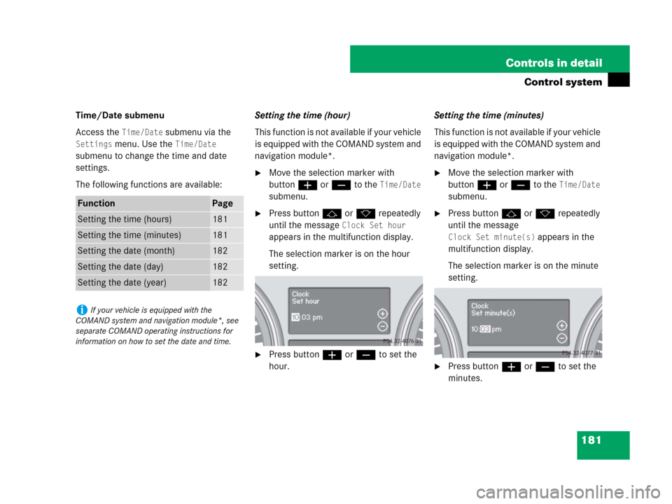 MERCEDES-BENZ R350 2007 R171 Owners Manual 181 Controls in detail
Control system
Time/Date submenu
Access the 
Time/Date submenu via the 
Settings menu. Use the Time/Date 
submenu to change the time and date 
settings.
The following functions 