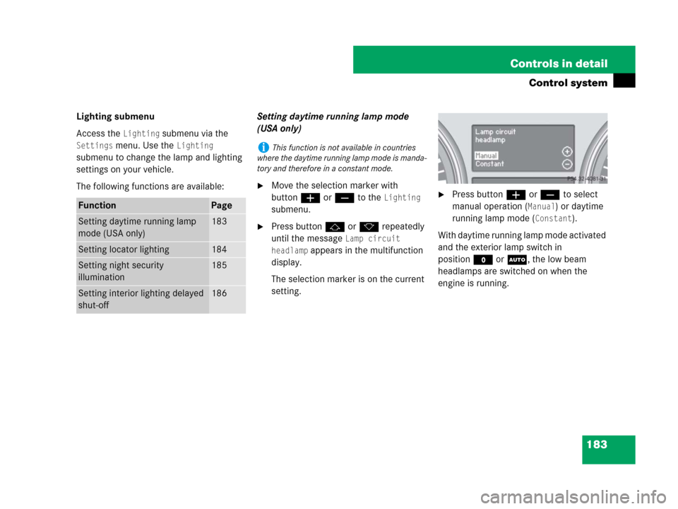 MERCEDES-BENZ R350 2007 R171 Owners Manual 183 Controls in detail
Control system
Lighting submenu
Access the 
Lighting submenu via the 
Settings menu. Use the Lighting 
submenu to change the lamp and lighting 
settings on your vehicle.
The fol