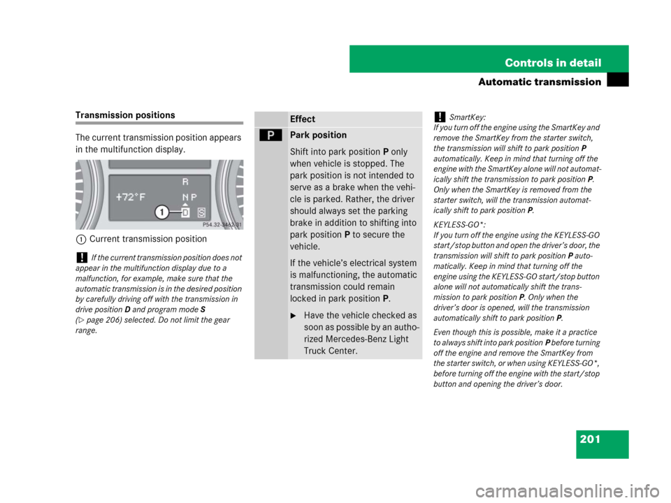 MERCEDES-BENZ R350 2007 R171 Owners Manual 201 Controls in detail
Automatic transmission
Transmission positions
The current transmission position appears 
in the multifunction display.
1Current transmission position
!If the current transmissio