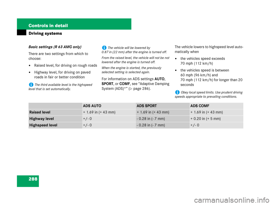 MERCEDES-BENZ R350 2007 R171 Owners Manual 288 Controls in detail
Driving systems
Basic settings (R 63 AMG only)
There are two settings from which to 
choose:
Raised level, for driving on rough roads
Highway level, for driving on paved 
road