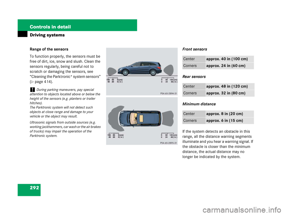 MERCEDES-BENZ R350 2007 R171 User Guide 292 Controls in detail
Driving systems
Range of the sensors
To function properly, the sensors must be 
free of dirt, ice, snow and slush. Clean the 
sensors regularly, being careful not to 
scratch or