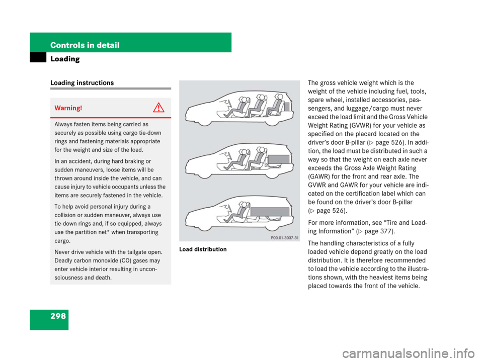 MERCEDES-BENZ R500 2007 R171 Owners Manual 298 Controls in detail
Loading
Loading instructions
Load distribution
The gross vehicle weight which is the 
weight of the vehicle including fuel, tools, 
spare wheel, installed accessories, pas-
seng