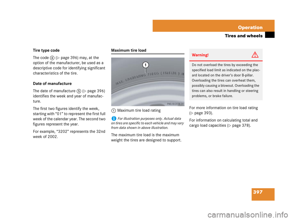 MERCEDES-BENZ R320CDI 2007 R171 Owners Manual 397 Operation
Tires and wheels
Tire type code
The code4 (
page 396) may, at the 
option of the manufacturer, be used as a 
descriptive code for identifying significant 
characteristics of the tire.
D
