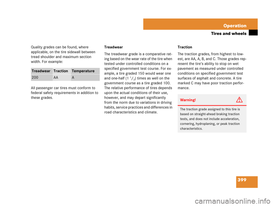 MERCEDES-BENZ R350 2007 R171 Owners Guide 399 Operation
Tires and wheels
Quality grades can be found, where 
applicable, on the tire sidewall between 
tread shoulder and maximum section 
width. For example:
All passenger car tires must confor