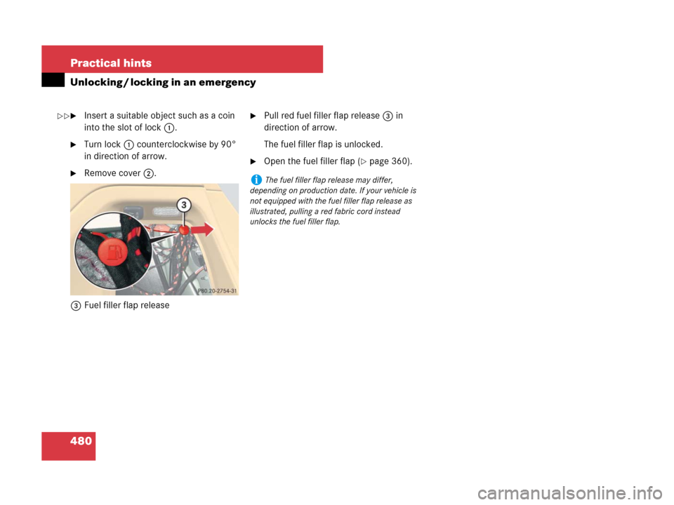 MERCEDES-BENZ R320CDI 2007 R171 Owners Manual 480 Practical hints
Unlocking / locking in an emergency
Insert a suitable object such as a coin 
into the slot of lock1.
Turn lock1 counterclockwise by 90° 
in direction of arrow.
Remove cover2.
3